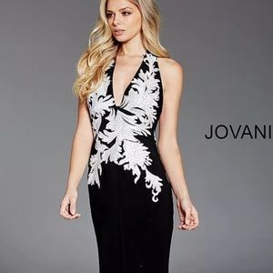 Jovani B&W Embroidered Halter Evening Gown